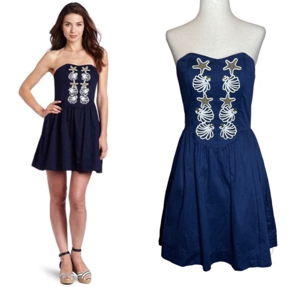 Lilly Pulitzer Navy Strapless Dress with Starfish Embroidery